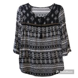 Cato Black & White Aztec Black Embroidered Fringe Stripe Long Sleeve Blouse M